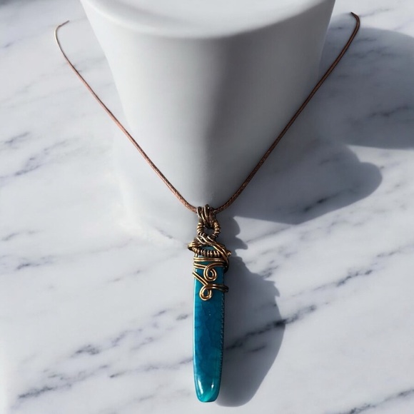 Blue and Gold Bohemian Necklace with Crystal Pendant - Picture 2 of 4